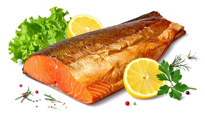 A whole piece of smoked salmon, presented with lemon slices, fresh herbs, and a bed of leafy greens, against a bright white background.