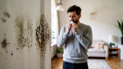Tired man in sweater holding tissue feeling sick near mold, concept of domestic health hazard