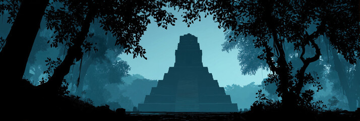 A striking silhouette of a Mayan temple pyramid viewed through dense jungle foliage against a pale blue, atmospheric sky.