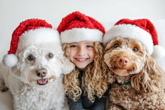 White,orange poodle and curly girl in santa claus hat on white background