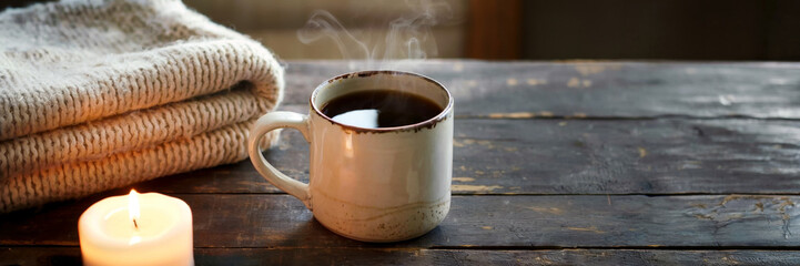 Dark coffee steaming in ceramic mug on rustic table. Knitted blanket and white candle nearby, soft window light highlights texture, calm scene with negative space, cozy home concept