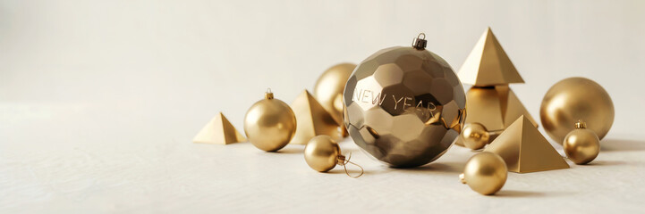 Matte black and brushed gold geometric holiday ornaments on white surface, elegant festive design, concept of New Year
