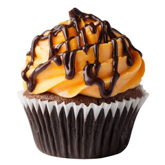 Delicious chocolate cupcake with orange frosting and drizzle, isolated on transparent cutout background