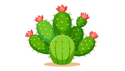 Vibrant cluster of prickly cacti with blossoms, displayed against a plain background.
