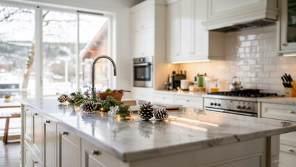 Scandinavian kitchen with white lacquered cabinets and festive pine decorations, snow view, concept of New Year holiday