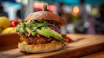 Best avocado burger recipe: delicious gourmet burger with fresh ingredients on wooden board, food photography