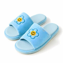Cute Blue Slippers with Smiley Flower Design &ndash; Cozy Indoor Footwear on White Background
