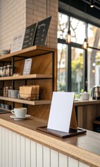 Fototapeta premium minimal coffee shop interior empty white QR Code stand