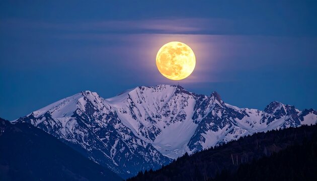 A vibrant, full moon glows brightly above snow-capped mountain peaks at twilight, under a deep blue sky - Powered by Adobe