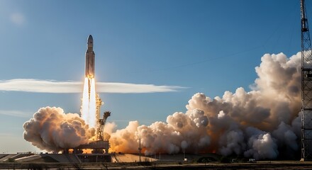 Rocket launch bright flames billowing smoke blue sky space exploration ignition