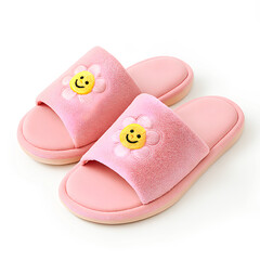 Pink Plush Slippers with Smiley Flower Design &ndash; Cozy Indoor Footwear on White Background