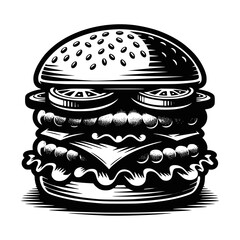 Vintage drawing of cheeseburger with lettuce, tomatoes and cheese. Vector engraving of burger