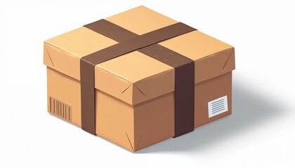 Brown cardboard box, secured with dark tape in cross pattern. Features barcode, blank address label, indicating prepared for transit. Object modern logistics, secure e-commerce deliveries, global