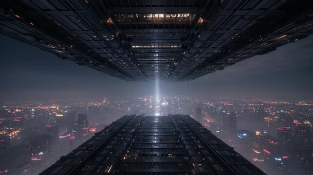 Abstract Cityscape Perspective with Geometric Structures and Artificial Illumination in Evening Light