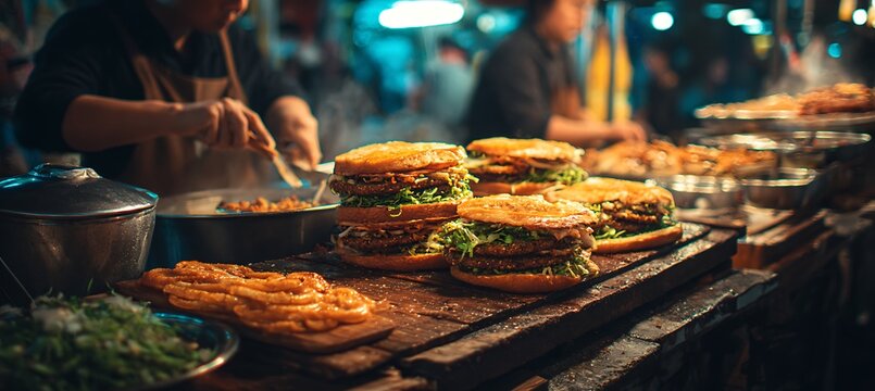 Street food vendor preparing delicious burgers and snacks at a vibrant night market food photography
