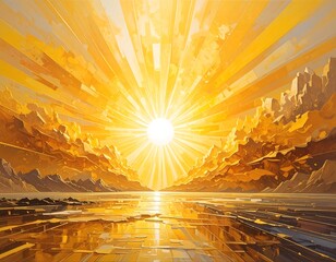 A radiant, golden landscape bathed in the sun's dazzling light, showcasing a vibrant, textured design.