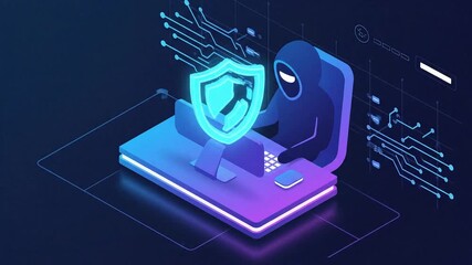A hooded hacker attempts a cyberattack on a computer system protected by a powerful digital security shield illustrating concepts of online privacy and network defense technology - Powered by Adobe