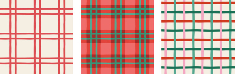 Christmas patterns set. Merry Christmas backgrounds, seamless patterns. Plaid, Checked pattern design. Red, green and pink Xmas colors