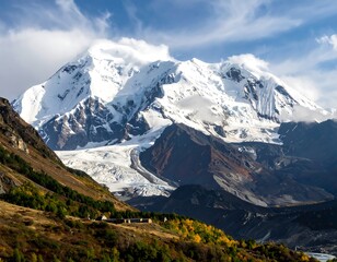 A vast, snow-capped mountain range dominates the landscape, showcasing a dramatic interplay of icy peaks, glaciers, and vibrant autumnal colors.