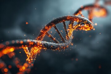 A captivating close-up of a DNA strand, illuminated with vibrant orange light, symbolizing genetic research and technological advancement in molecular biology study.