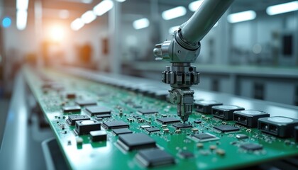 Robotic arm assembles electronic circuit board in industrial manufacturing plant. High tech robotic system produces computer electronic components. Automated process of assembly. Clean factory with