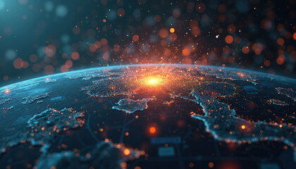 Digital globe shows world continents with bright light burst. Glowing dots connect global data network. Energy radiates from planet center, impacting tech system. Economic crisis, financial