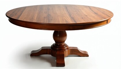 Beautiful round wooden table features carved pedestal base. Glossy dark brown surface natural wood grain. Elegant, footed furniture piece stands isolated on bright white background, ready for home
