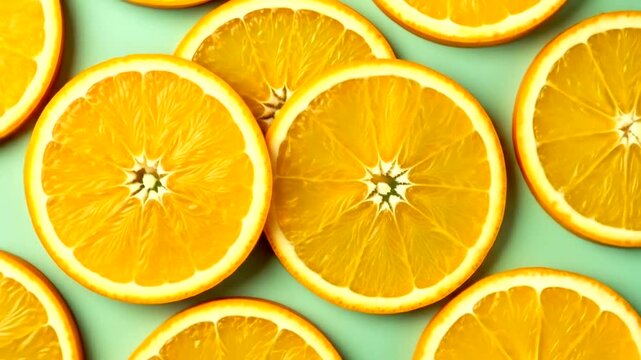 Vibrant citrus slices arranged in a symmetrical pattern on a mint-green backdrop.