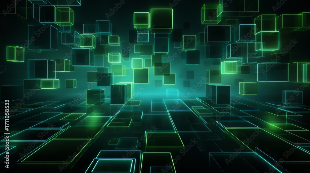 Wall mural computer generated image of a room full of green and yellow cubes. the cubes are arranged in a way t