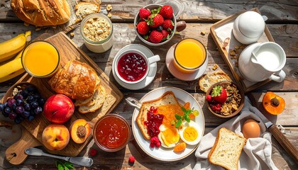A delightful spread of breakfast foods, including croissants, fruit, juice, toast, eggs, and granola, arranged attractively on a rustic wooden table, bathed in natural sunlight.