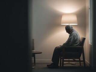 Elderly man sitting alone in a quiet room, head bowed, contemplating personal life challenges and decreased intimate activity due to male potency issues.