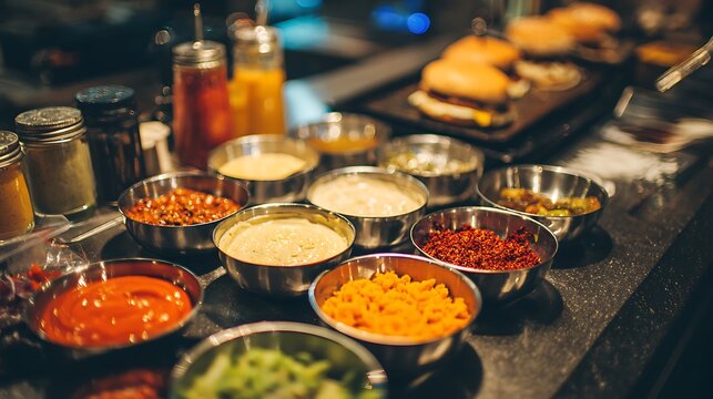 Burger bar topping station with sauces condiments and fresh ingredients for customizing your meal experience
