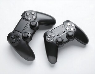 Two black game controllers on a white surface