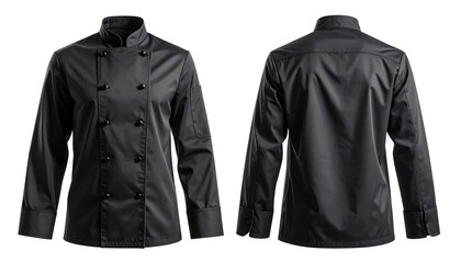 A professional, black chef's jacket, presented front and back, displaying a classic design.