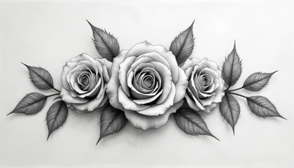 Three detailed black, white roses with leaves. Hand drawn illustration shows elegant flowers in monochrome style. Creates classic vintage art pattern. Decorative floral design for various uses like