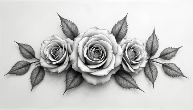 Three detailed black, white roses with leaves. Hand drawn illustration shows elegant flowers in monochrome style. Creates classic vintage art pattern. Decorative floral design for various uses like - Powered by Adobe