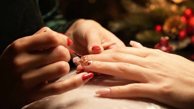 Holiday manicure session with shimmering red polish and intricate designs on nails. Professional nail technician applying detailed nail art during cozy holiday atmosphere.