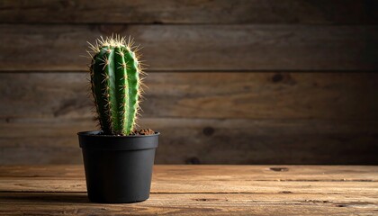 A solitary green cactus in a dark pot, displayed against a rustic wooden backdrop.