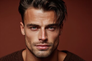 Obraz premium Attractive Man Portrait with Intense Gaze, Brown Hair and Sweater Posing in Studio Against Brown Background