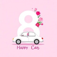A cheerful white car with a bouquet of pink flowers and tulips, positioned beneath the number eight, conveys a message of celebration.