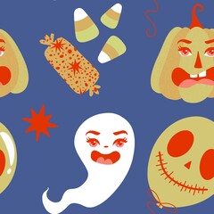 Autumn harvest vegetable seamless monster Halloween pumpkins pattern for wrapping paper and fabrics