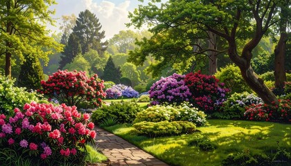 A vibrant garden path winds through a colorful display of rhododendrons and lush greenery, bathed in the warm sunlight of a beautiful spring day.