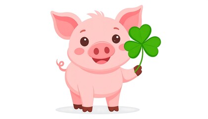 A cheerful, pink piglet, with large expressive eyes, holds a vibrant green clover leaf.