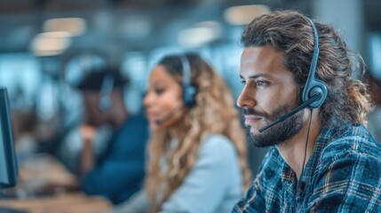 Customer service representatives providing support in a call center environment with a focus on professional communication