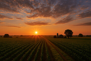 Fototapeta premium Stunning sunset over countryside landscape with farm and sunlit fields captured in timelapse photography. concept of nature tranquility, rural serenity, scenic beauty.