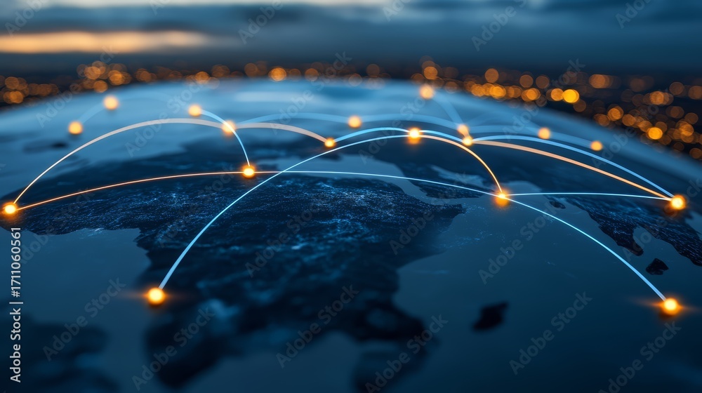 Wall mural globe with many lines connecting it, with the lines glowing in the dark. the globe is surrounded by 