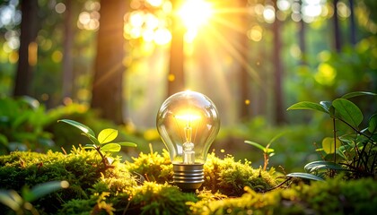A glowing light bulb sits amidst lush greenery, bathed in the warm sunlight of a forest, symbolizing sustainable energy.