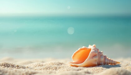Obraz premium Close-up photo seashell on sandy beach. Ocean view in sunlight. Beautiful nature landscape with calm turquoise water. Summer vacation concept with sea shell and sand.