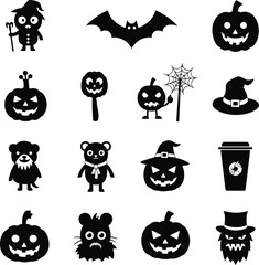 Set of Halloween Silhouettes, Black Icons and Characters on a White Background