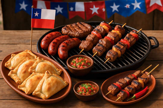 Chilean independence day celebration with parrillada, empanadas, and colorful decorations. concept of traditional cuisine, festive atmosphere, national pride